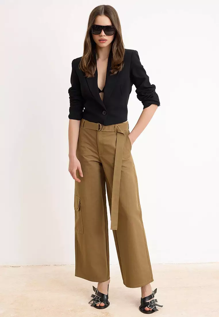 Khaki Gabardine Cargo Trousers Twoss26Pl133