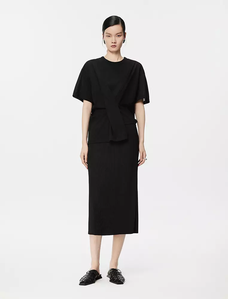 Round Neck Pleated Short Sleeve T-Shirt