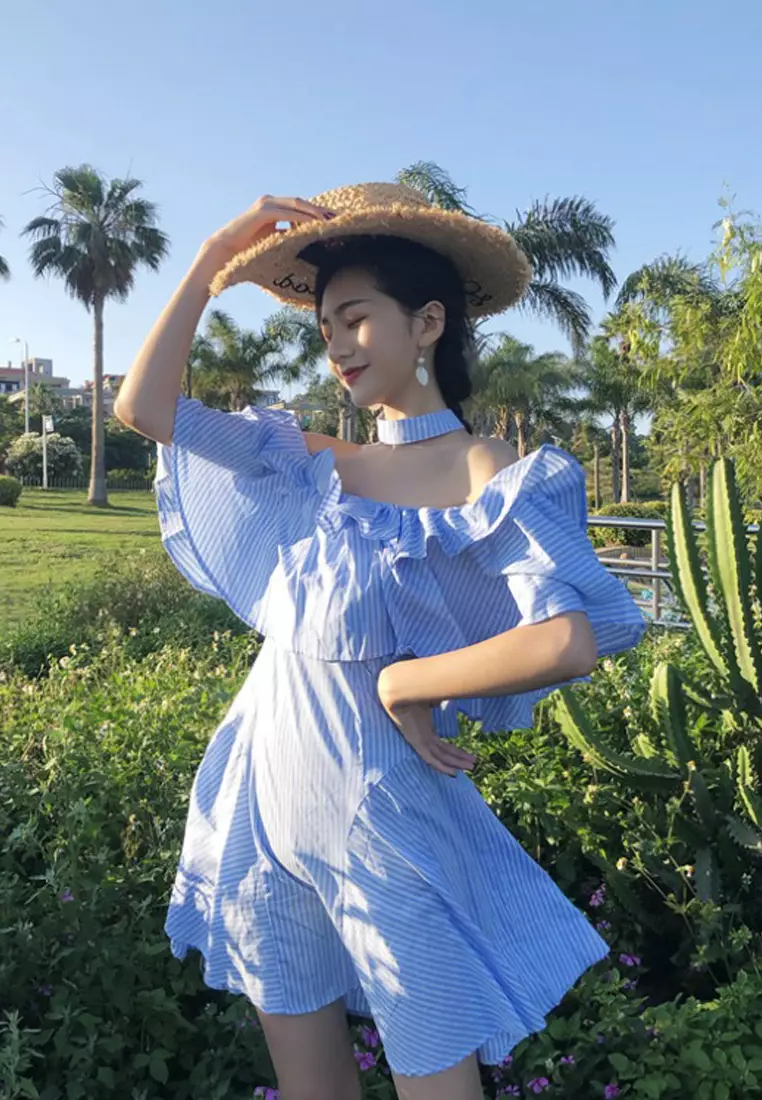 New Blue Striped Pattern Off Shoulder One Piece Dress CA062905BL.