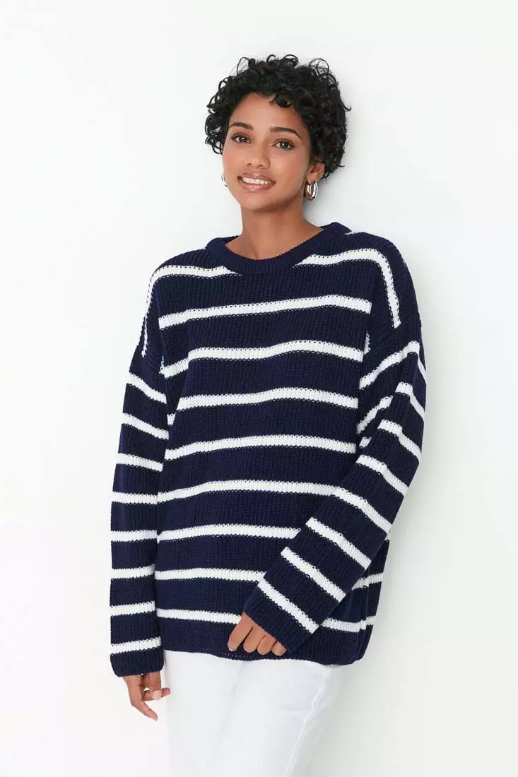 網上選購Trendyol Navy Blue Wide Pattern Striped Knitwear Sweater