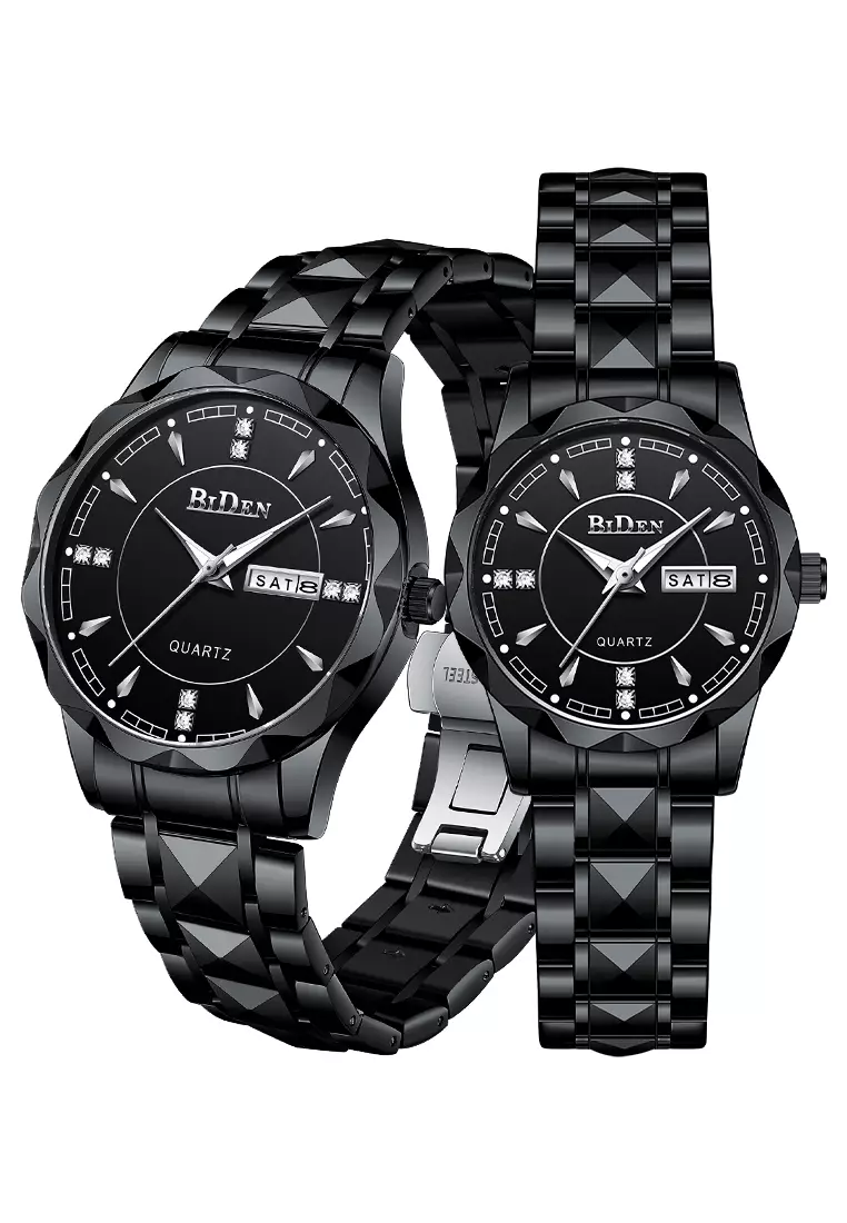 BIDEN Jam Tangan Couple Pasangan Anti Air Original Kalender Bercahaya Luminous Stainless Steel Analog Couple Watch Hitam