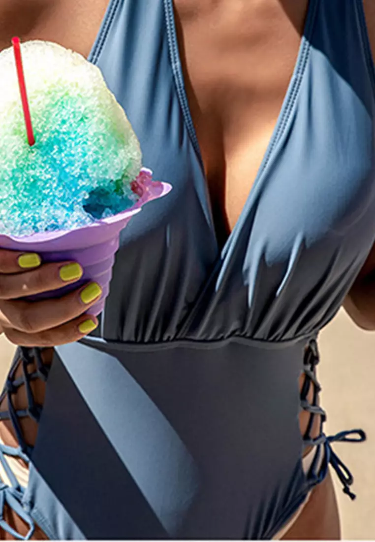 Solid Color Backless Triangle One-Piece Swimsuit A22031707GR