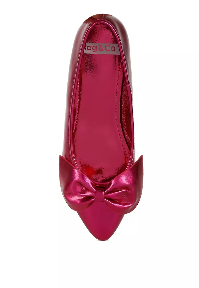 Metallic Pleather Bow Ballerinas in Fuchsia