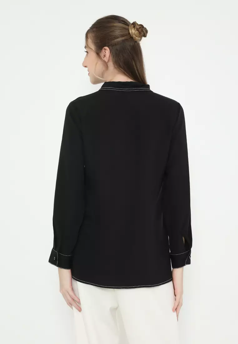 Plain Shirt Black With Flowers In Pocket By Brilliant Girl Warna HITAM