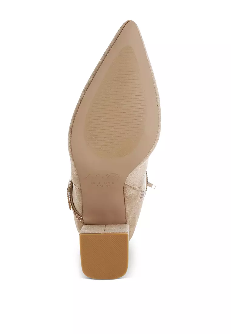 Rhinestone Brooch Wrap-Around Boots In Beige