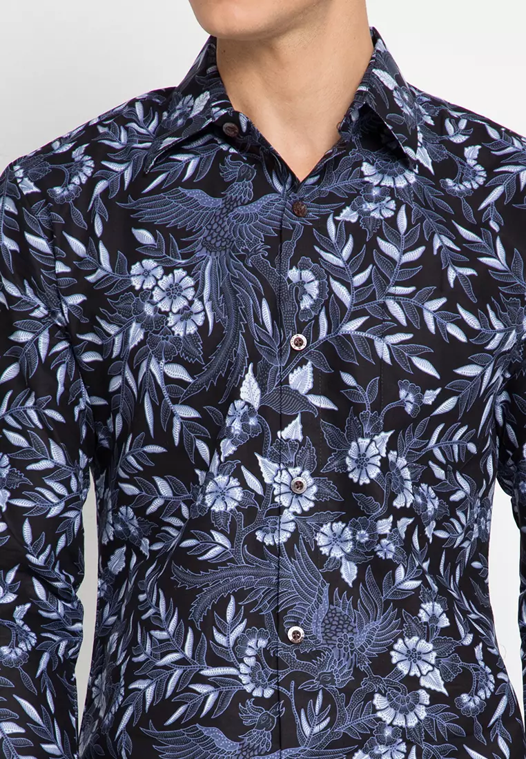 Kemeja Slim Fit Batik Pria Lengan Panjang Aqnasa Navy Black