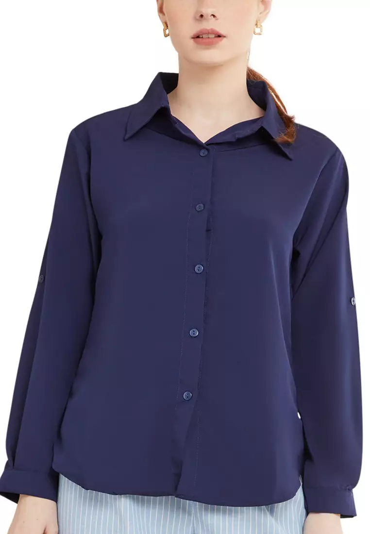 Kemeja Kerja Polos Plain Wanita Lengan Panjang Reguler Fit Premium Quality - Navy