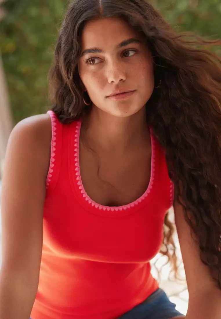 Contast Knit Trim Scoop Neck Sleeveless Tank Vest Top