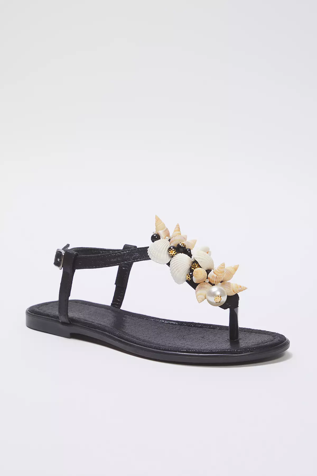Black Sea Shell Pearl Detailed Flip Flops Women Stylish Sandals Takss25Sd00008