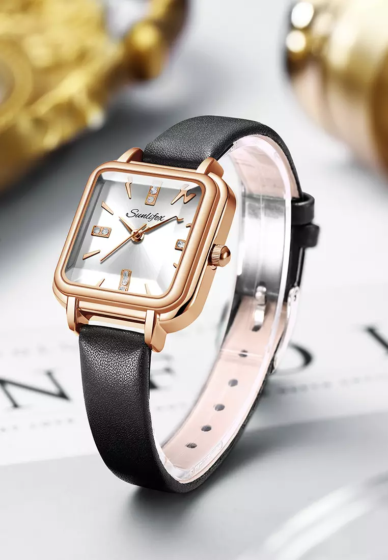 Jam Tangan Wanita Fashion Tali Kulit Jam Analog Kecil Gaya Korea Barsh Jam Tangan cewek black white