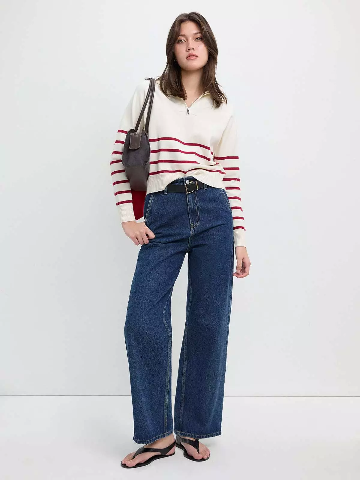 Pomelo - Sweater Wanita - Half-Zip Striped Knit Polo Sweater - Ivory
