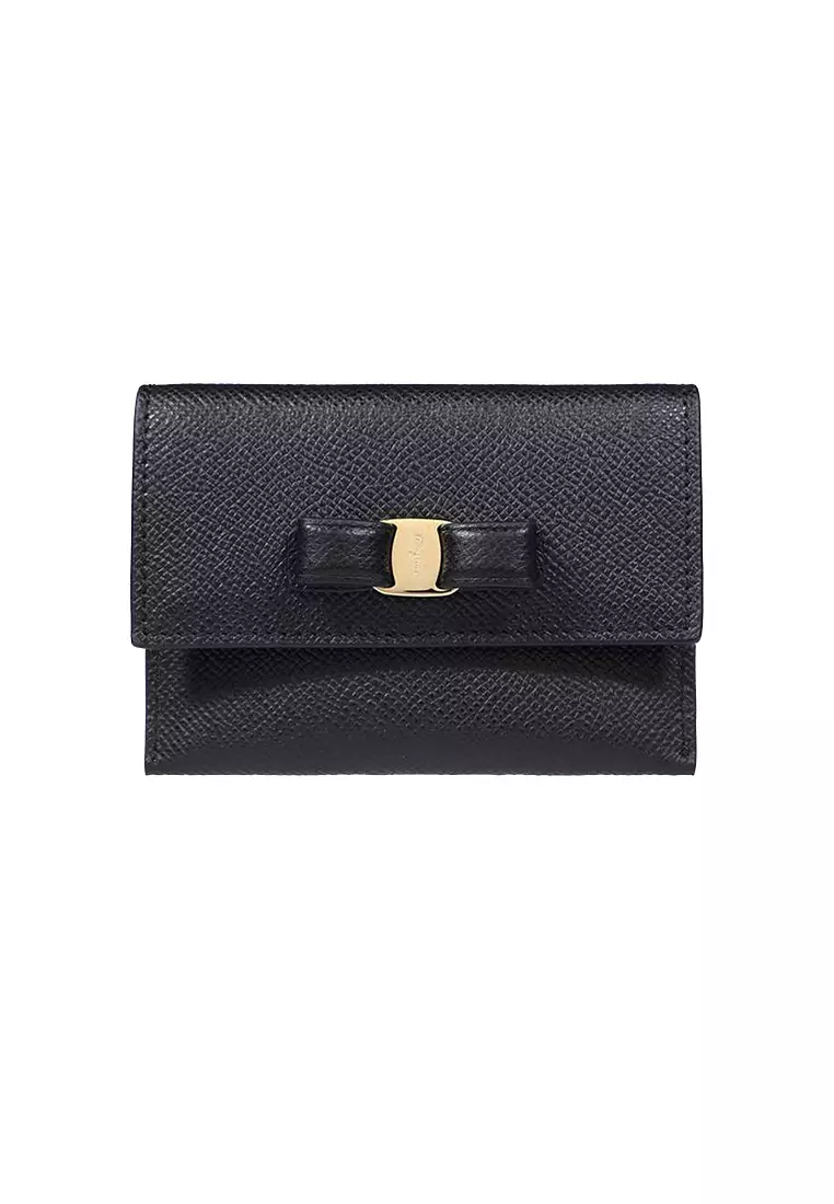 Ferragamo Vara Bow Calf Leather Small Card Holder Black 683522