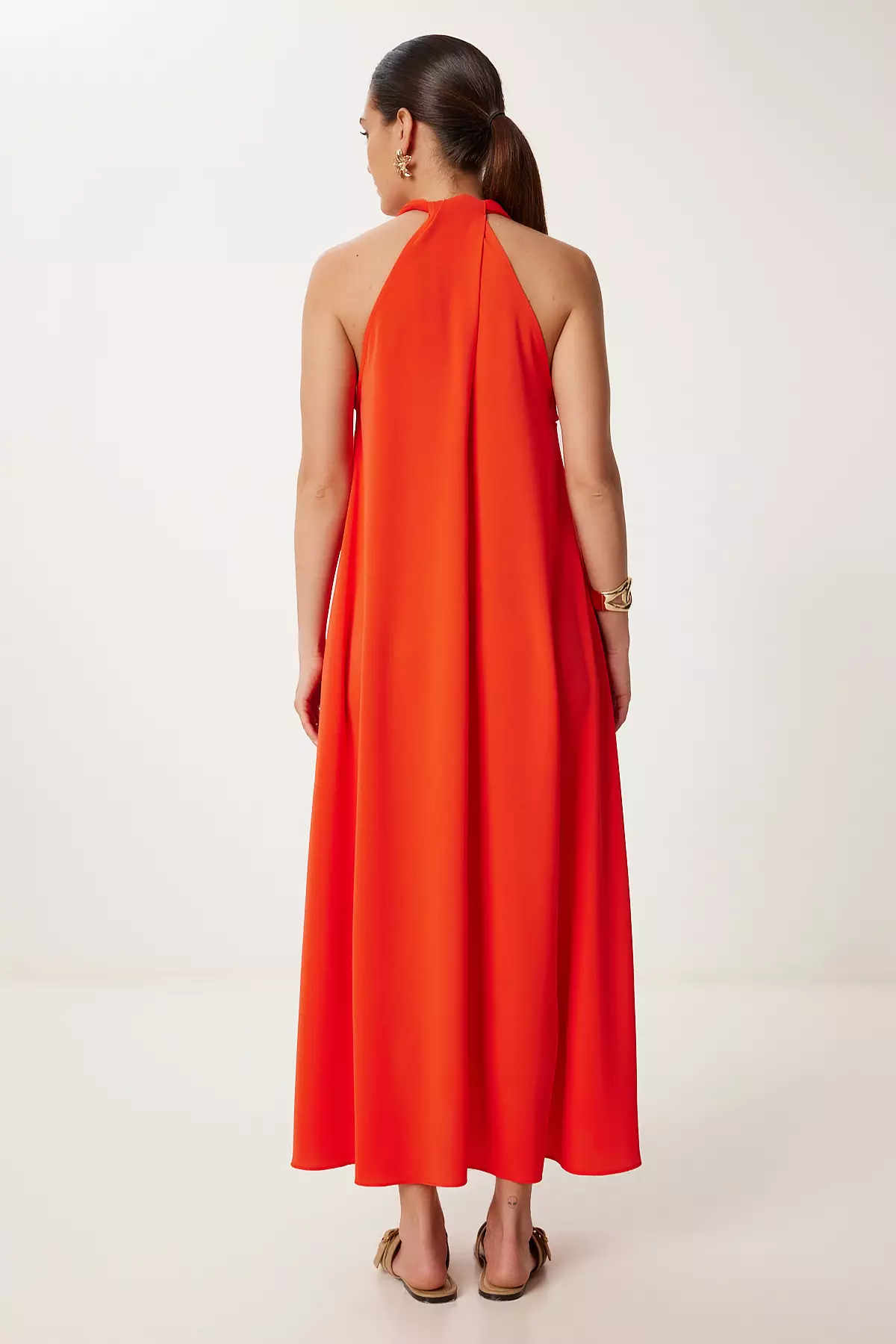 Women Orange Halter Neck Draped Long Stylish Dress Gk00014