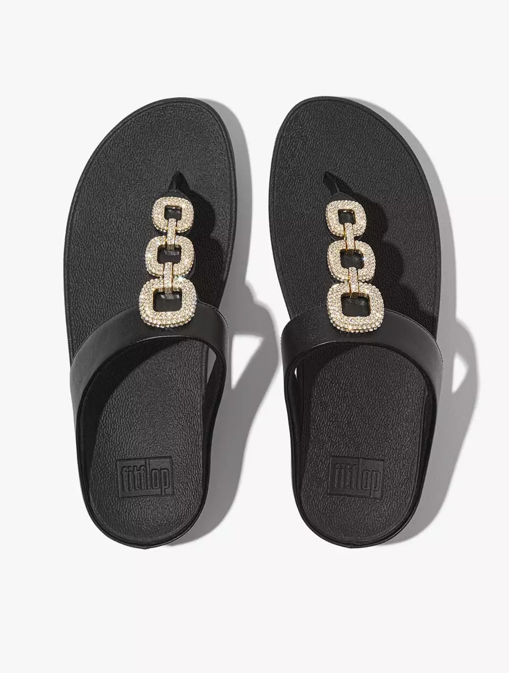 Fitflop Fino Crystal-Chain Leather Toe-Post Sandals - Black