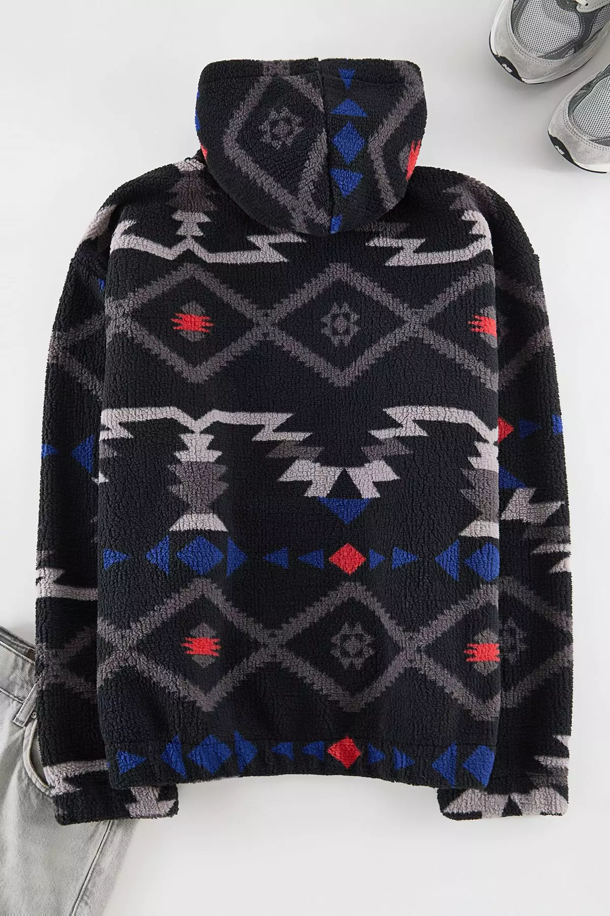 Black Unisex Oversize/Wide Cut Patterned Sherpa Fleece/Plush Hooded Sweatshirt TMNAW25SW00147