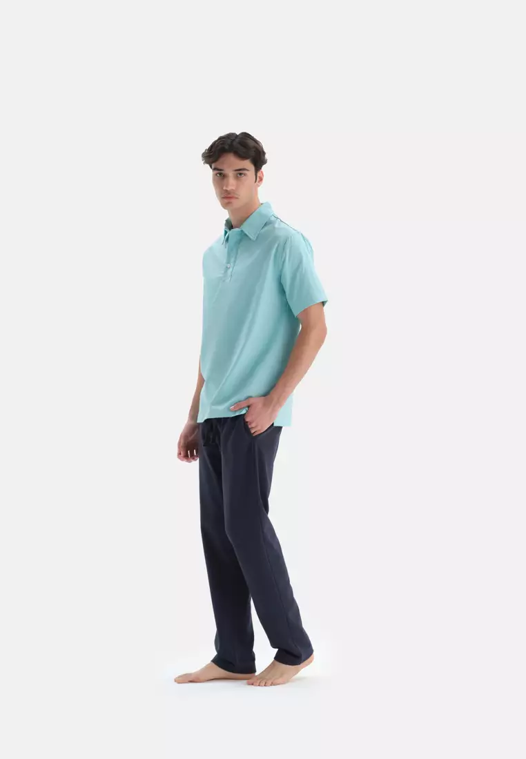 Green Polo T-Shirt, Shirt Collar, Regular Fit, Short Sleeve Loungewear for Men