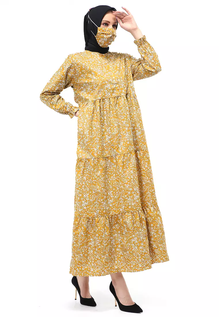 Hani Gamis Homey Long Dress Wanita Lengan Panjang Free Face Mask Regular Fit - 1 Kuning