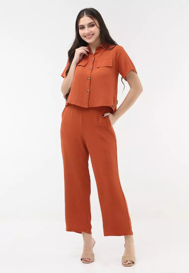 Wrinkled Thick Woven Short Sleeves Terno Pants