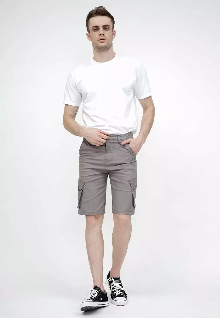 Celana pendek kargo pria cargo pants slim fit melar stretch houseofcuff abu tua