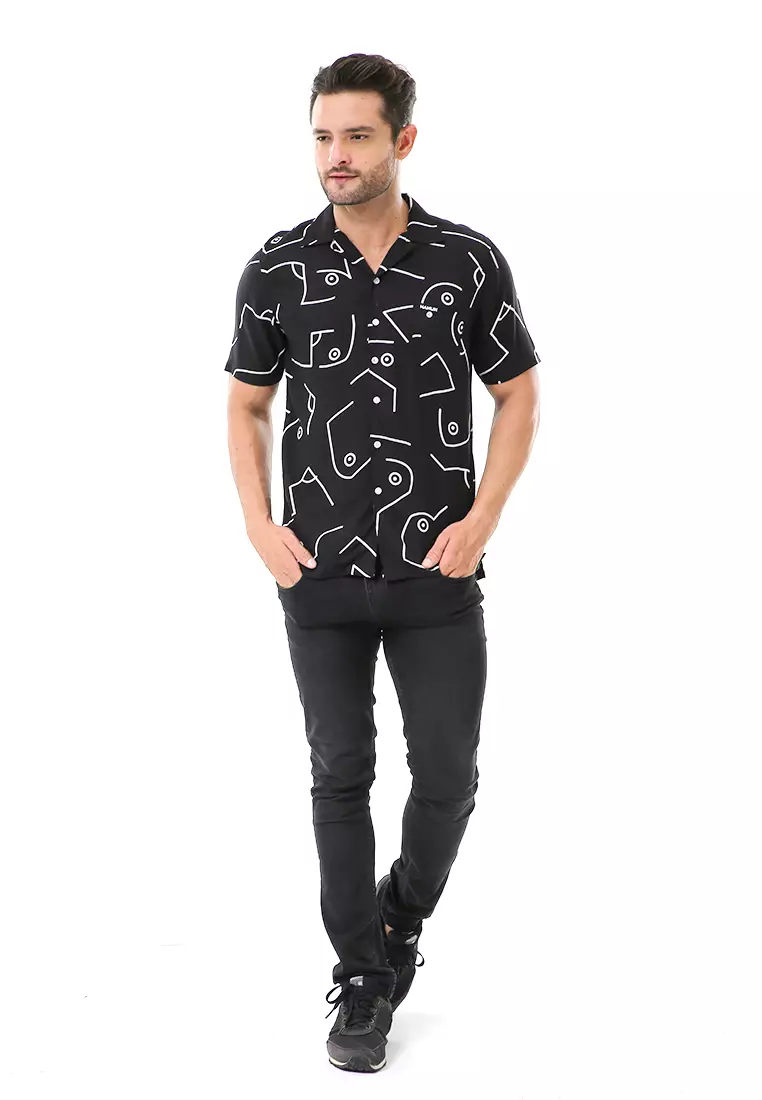 Leopold Kemeja Printing Pria Motif Abstrak Lengan Pendek Material Rayon ORIGINAL - Black