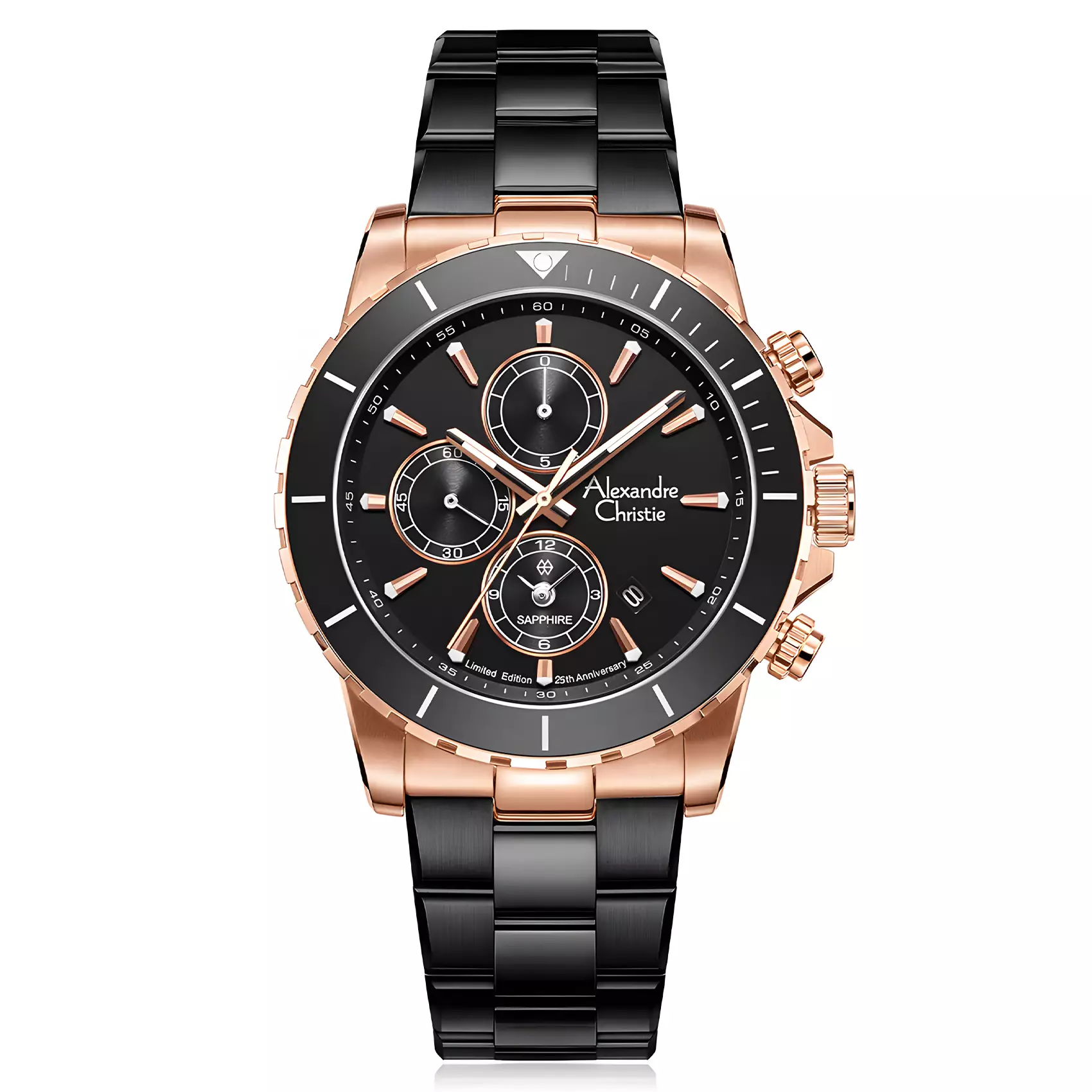 Alexandre Christie 25th ANNIVERSARY Limited Edition - Jam Tangan Chronograph Pria - Black Rose Gold - All Stainless Steel - 6141 XXVMBRBA
