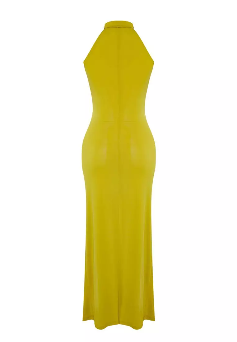 Oil Green Belt Detail Halter Neck Bodycone/Fitted Stretchy Maxi Knitted Dress