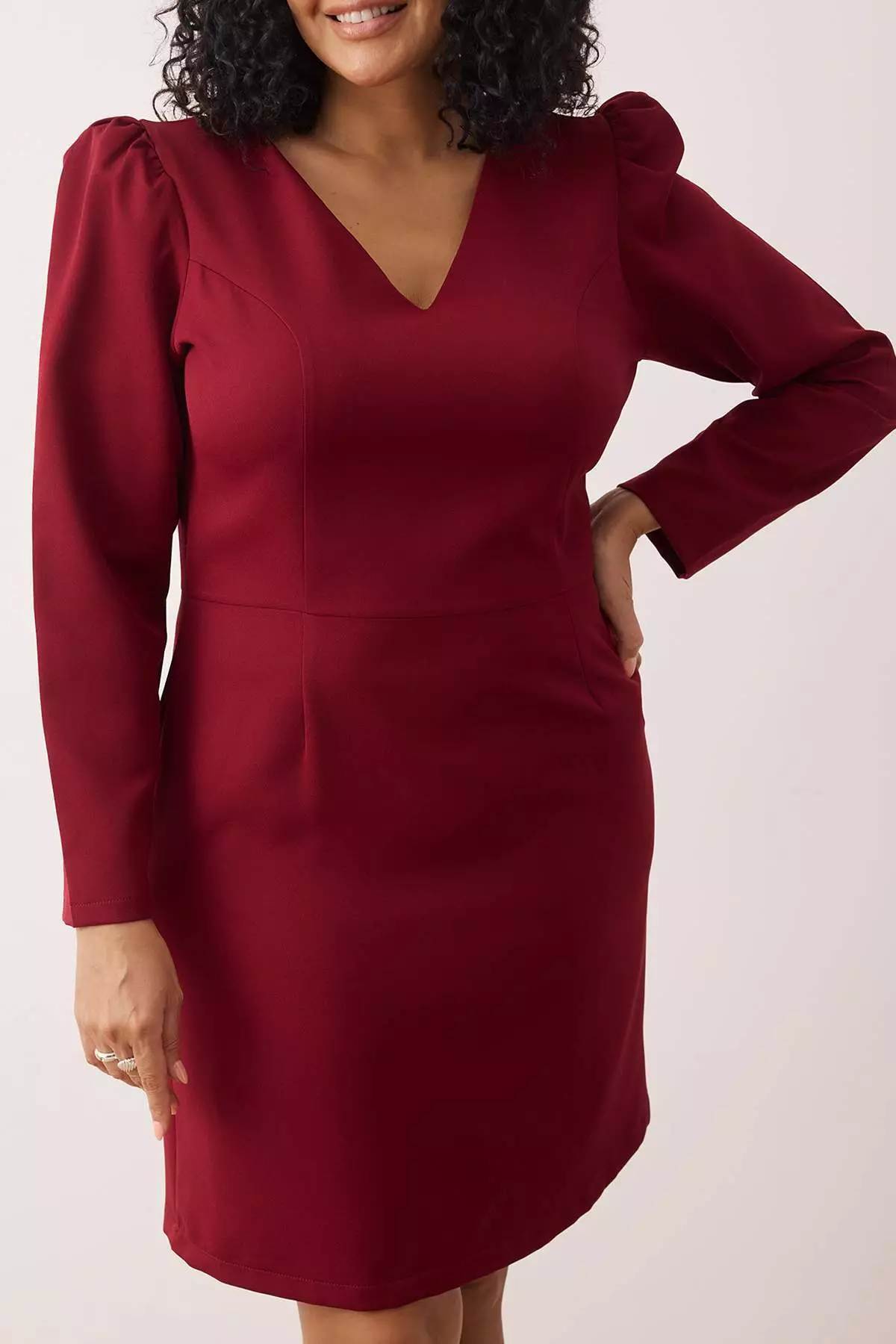 Burgundy V-Neck Balloon Sleeve Mini/Short Length Woven Dress