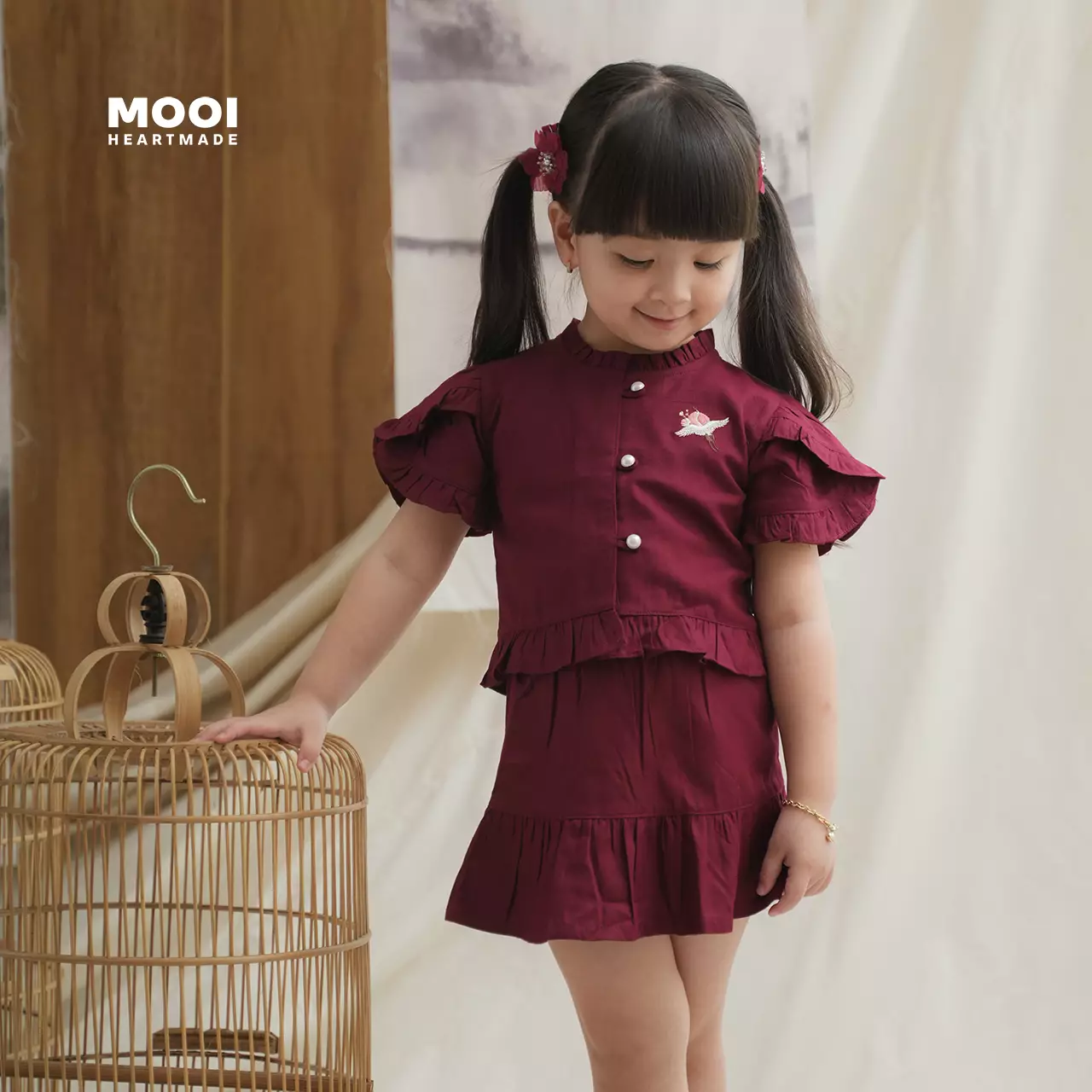 Mooi Setelan Anak Perempuan Fei Ruffle Set - Maroon