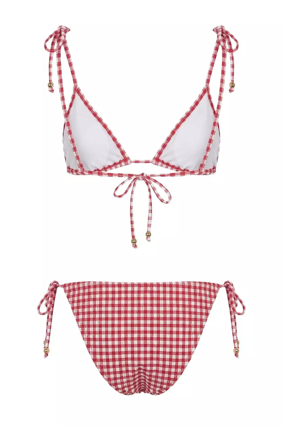 Red Plaid Textured Triangle Covered Low Waist Regular Bikini Set With Bead Accessories Tbess26Bt27