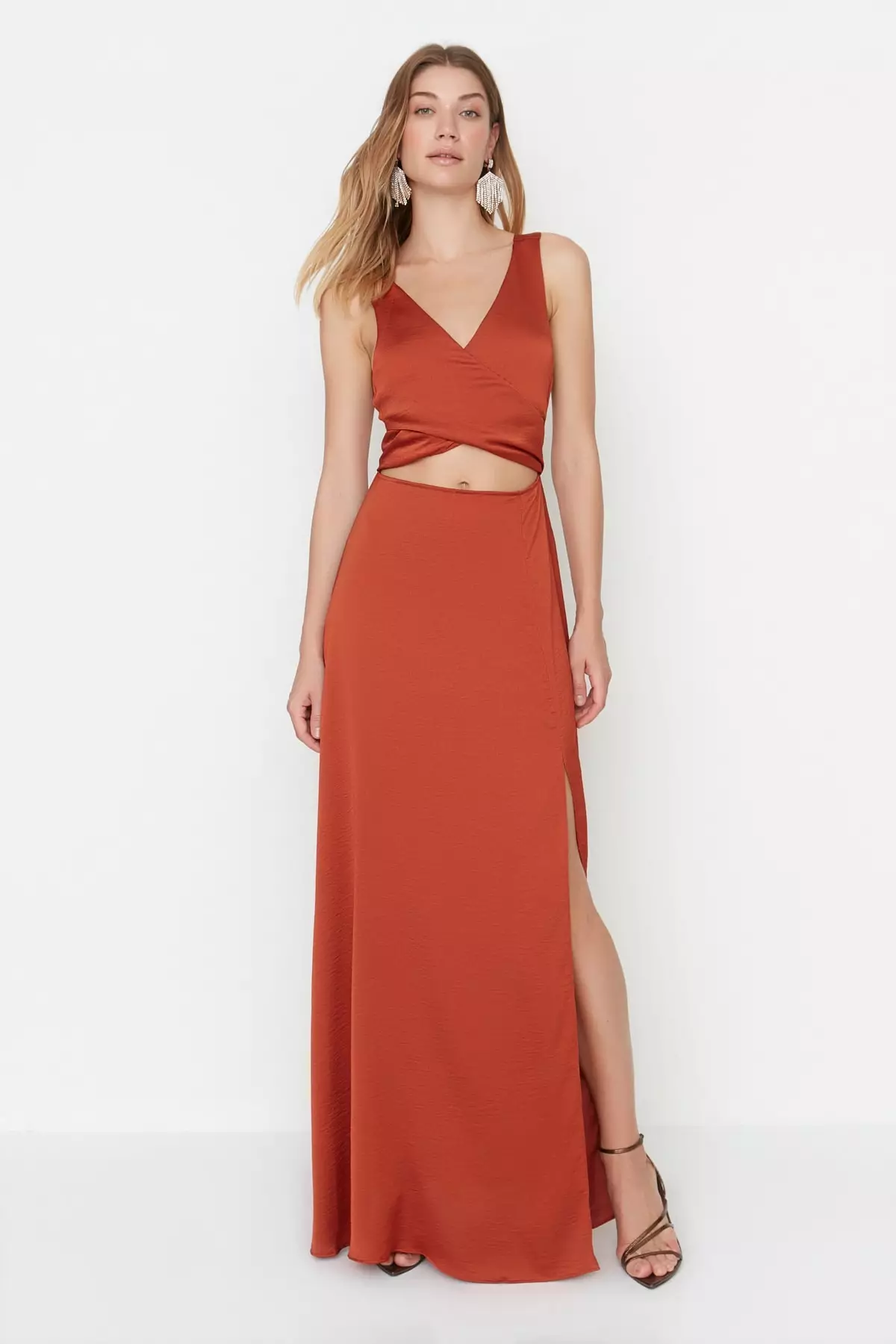 線上選購 Trendyol Copper Belted Evening Dress Opening at the Waist/Skater
