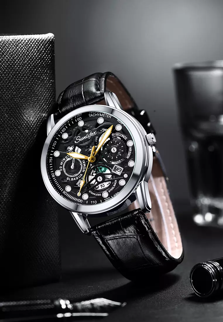 Jam Tangan Pria Dial Berongga Anti Air Kuarsa Tali Kulit Jam Pria Original Santai Mode Jam Tangan Cowok 7001 all black