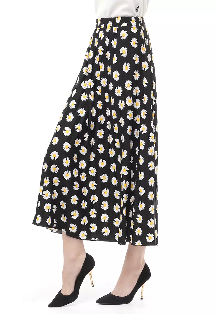 Rok Plisket Motif Print Design Vintage Rubbery Waist Bawahan Wanita - Daisy Hitam
