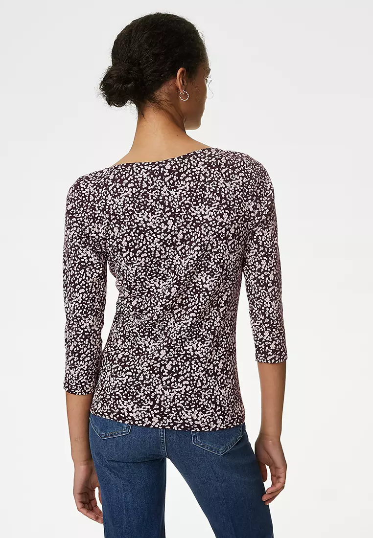Pure Cotton Printed Slim Fit Slash Neck Top