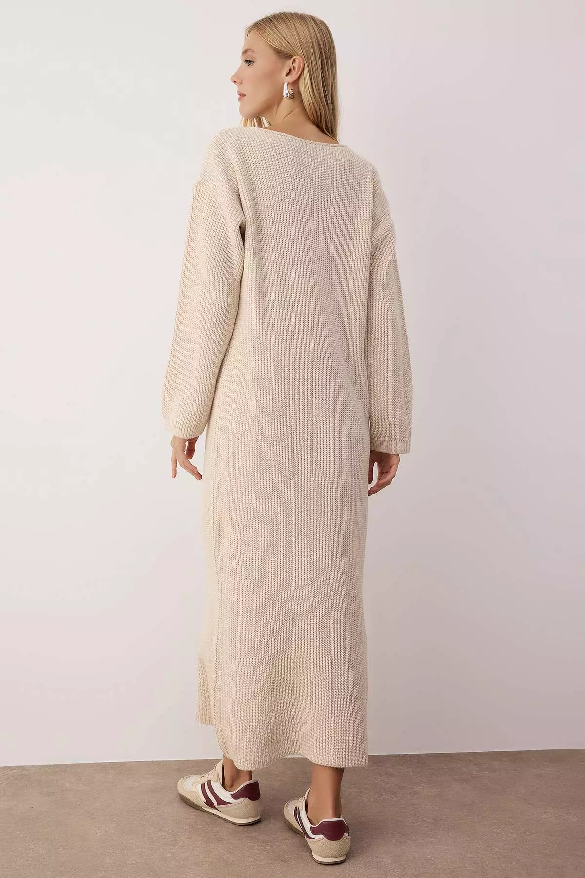 Stone Plain Maxi Basic Oversize Boat Neck Knitwear Long Dress
