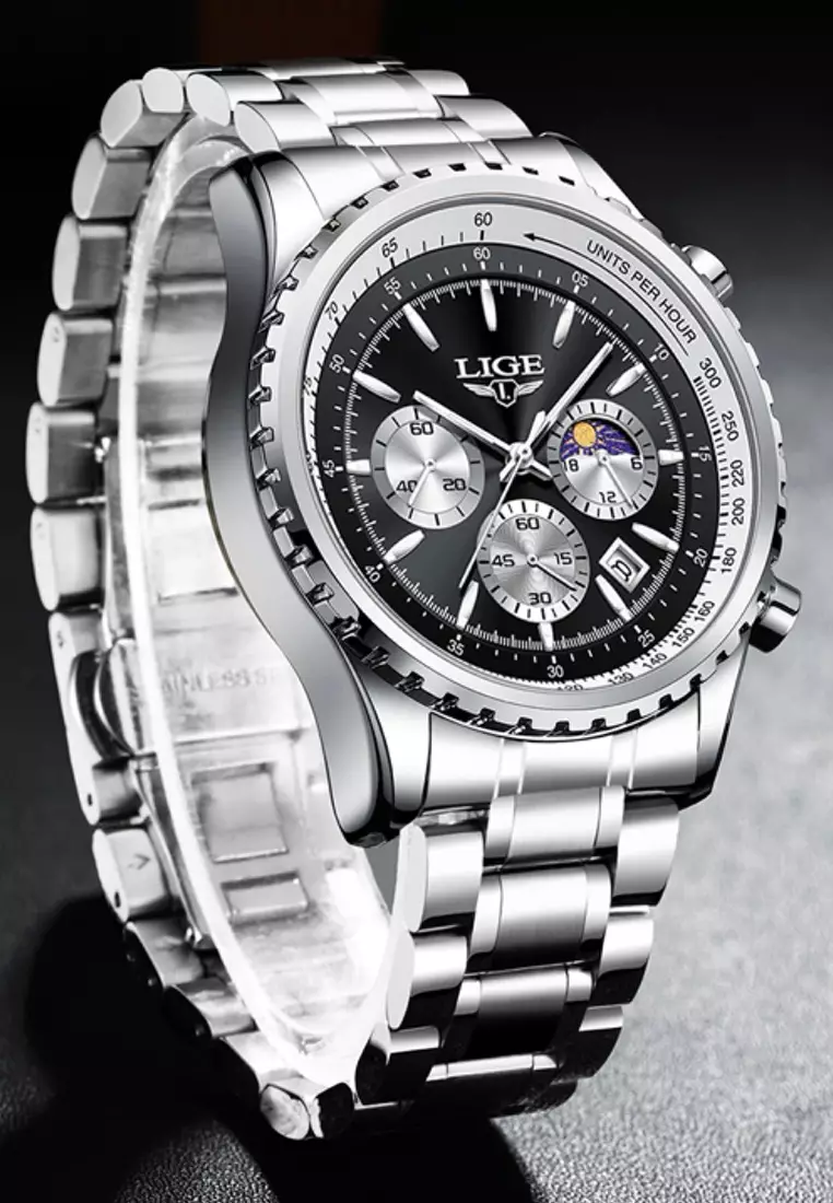 47mm Unisex Chronograph Stainless Steel Quartz Watch on Steel Bracelet