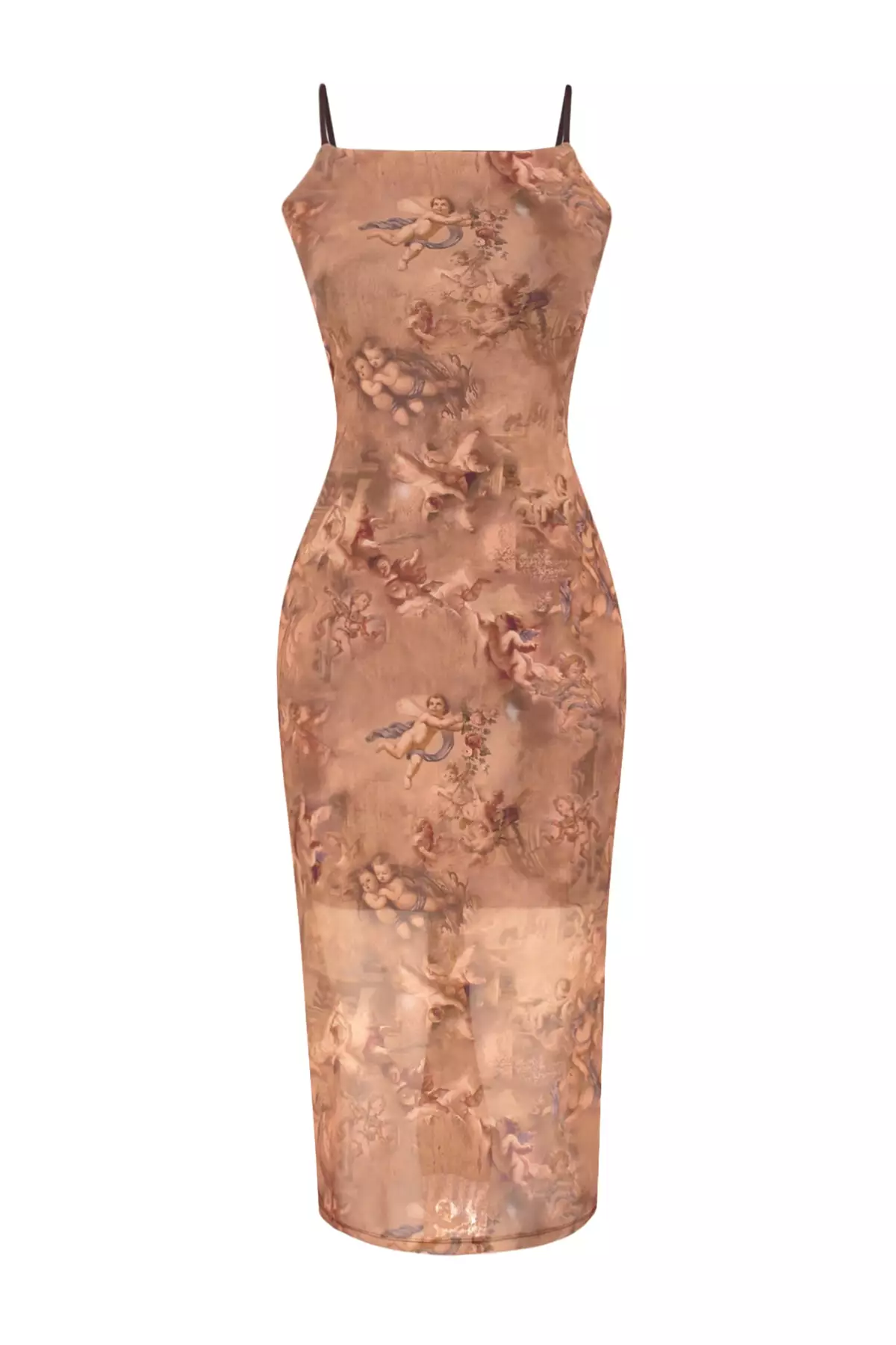 Limited Edition Brown Printed Fitted Midi, Flexible Knit Dress