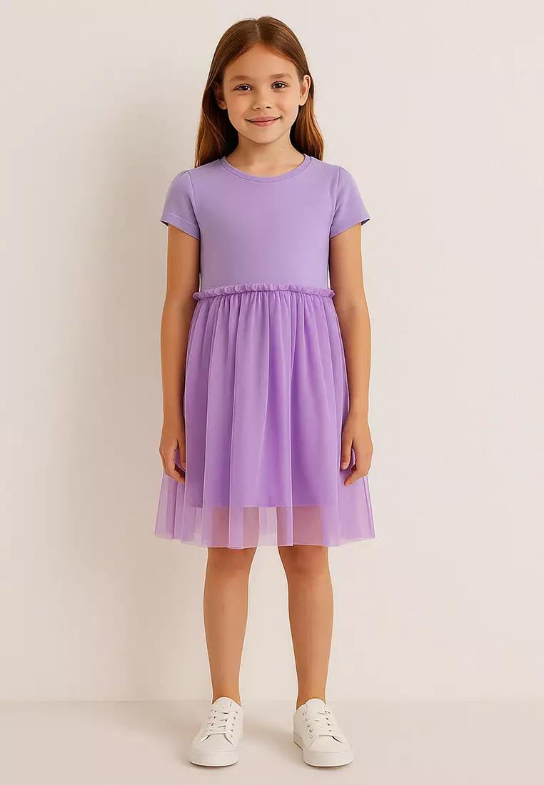Lilac Cotton Girl's Basic Mini Tutu Woven Dress Eid