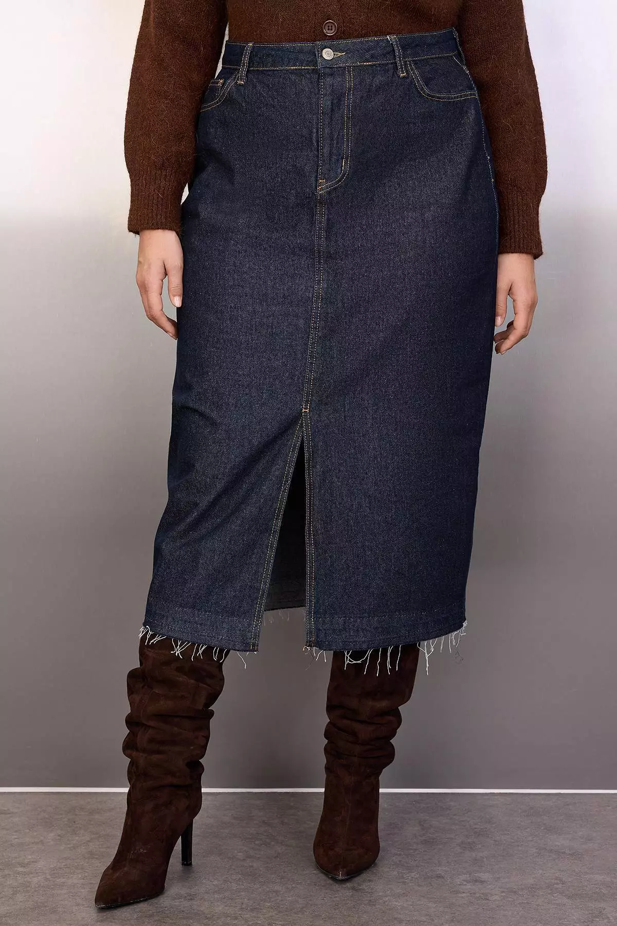 Plus Size High Waist Denim Midi Skirt