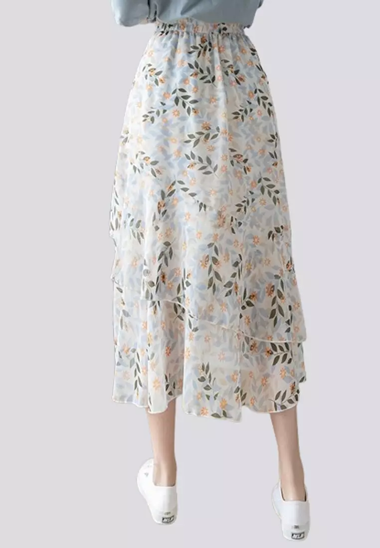 Floral Printed Ruffle Chiffon Skirt
