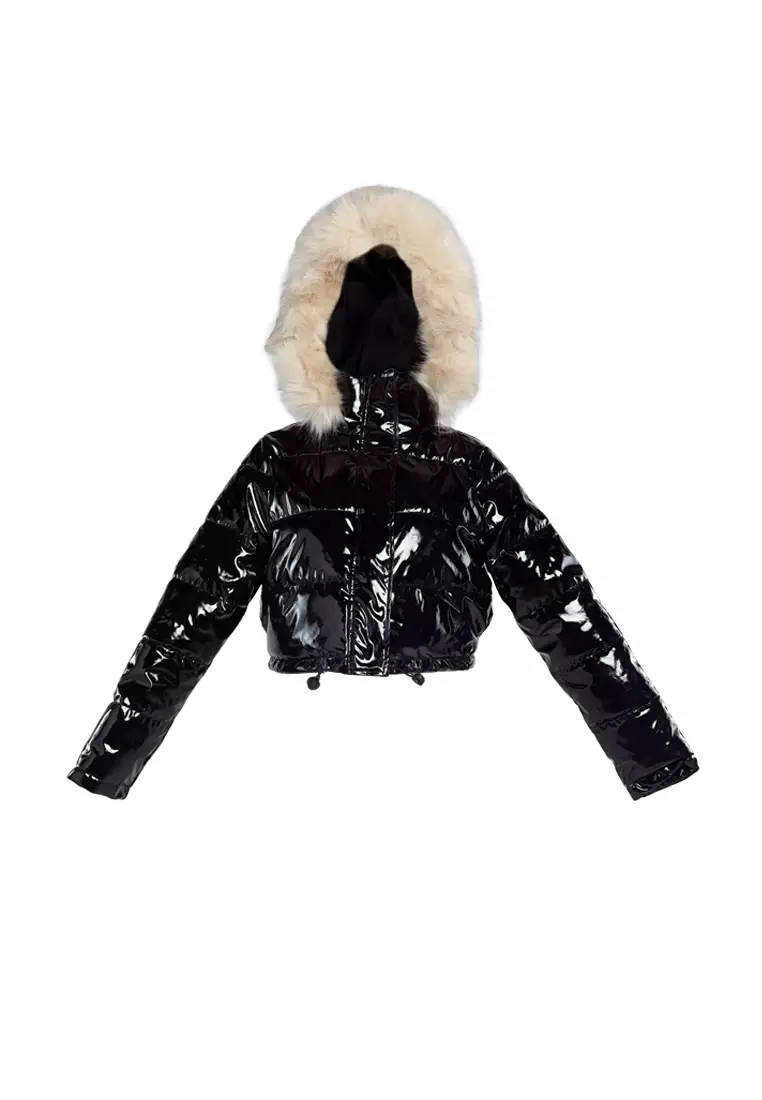 Shearling Hoodie Black Cropped Puffer Jacket