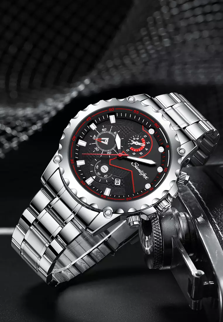 Jam Tangan Pria Original 9032 Anti Air Olahraga Kalender Tali Stainless Steel Jam Tangan Cowok silverblack