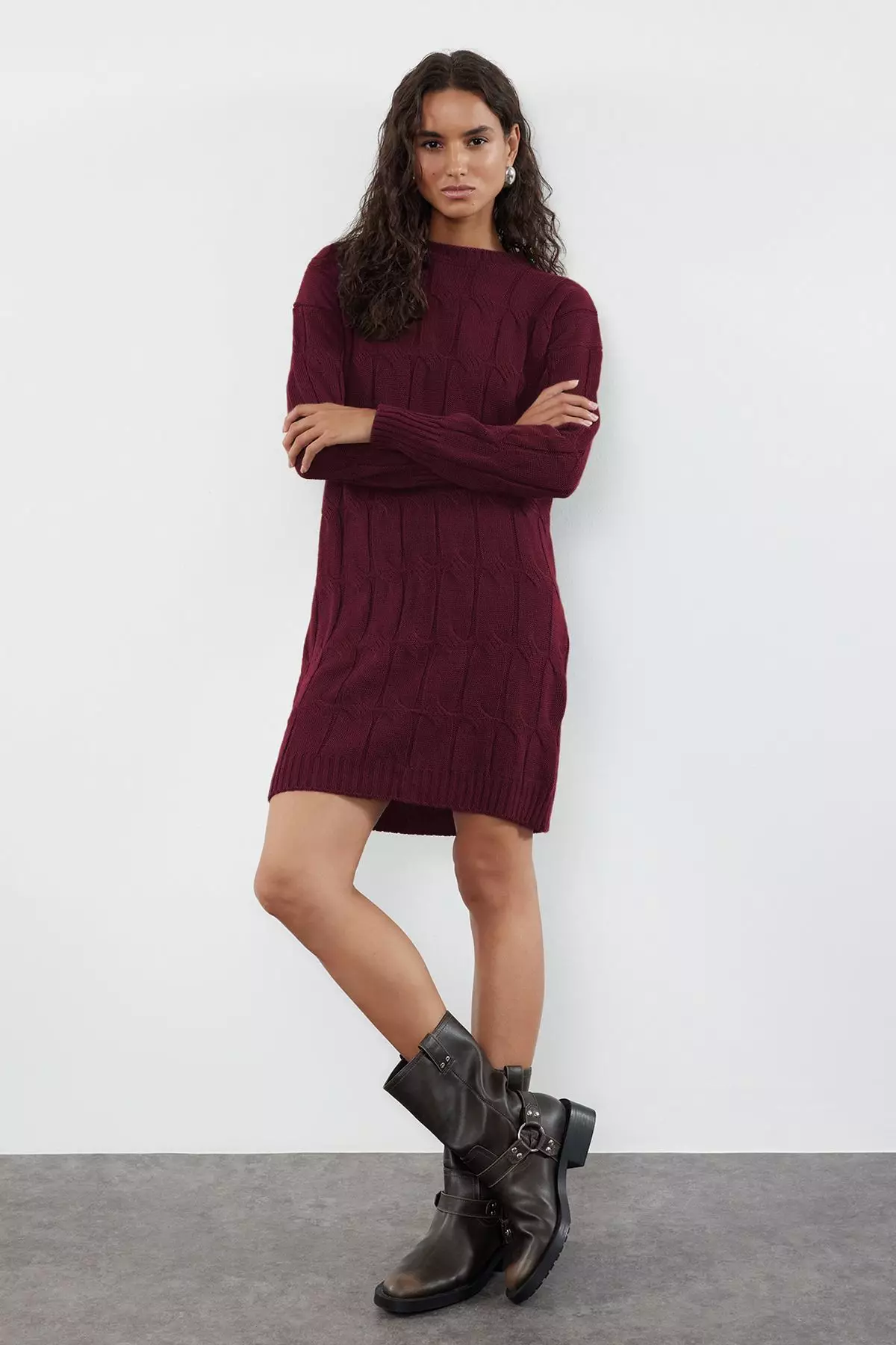 Burgundy Hair Weave Mini Mini Knitwear Crew Neck Knitwear Dress Twoaw22El0027