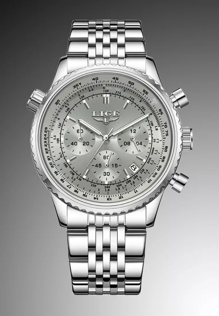 Unisex Chronograph Stainless Steel Quartz Watch, 44mm, Stainless Steel Bracelet