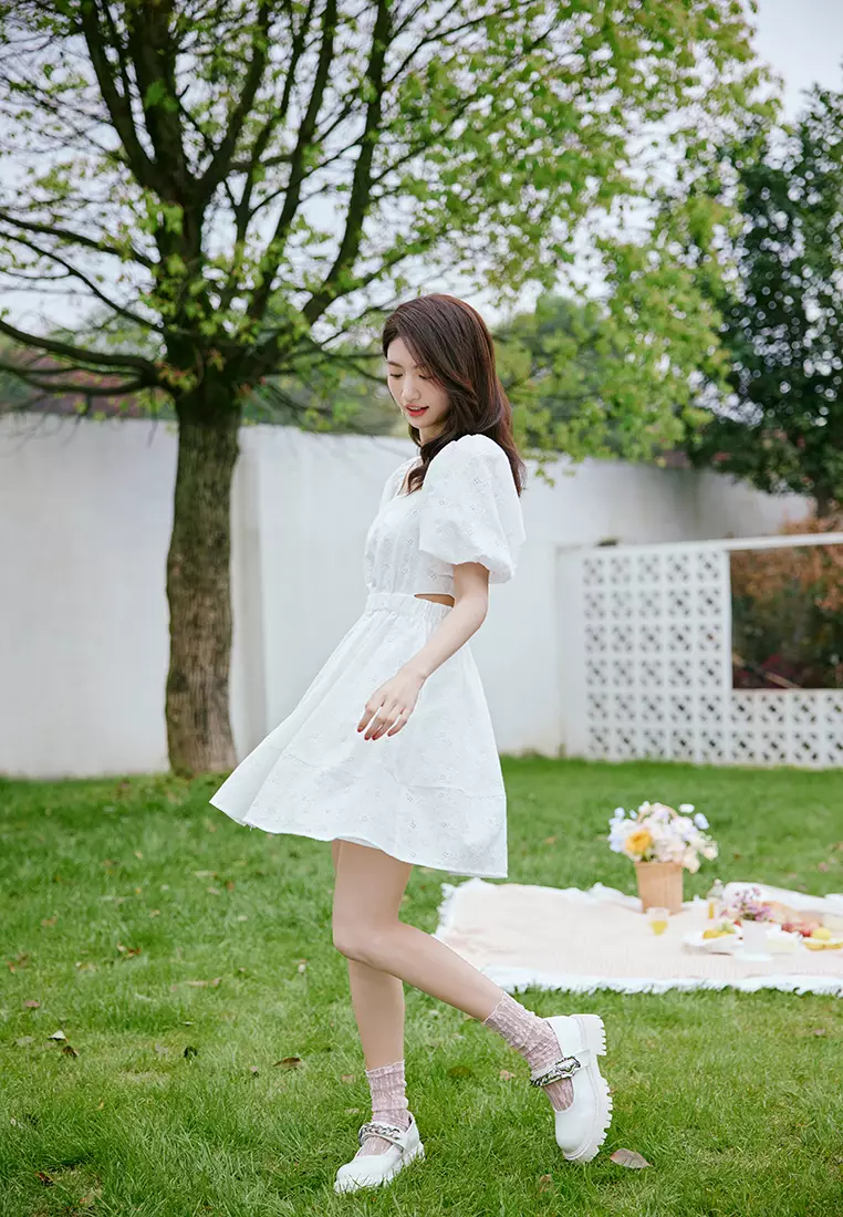 Puff Sleeve Summer Dress with Waist Slit Design