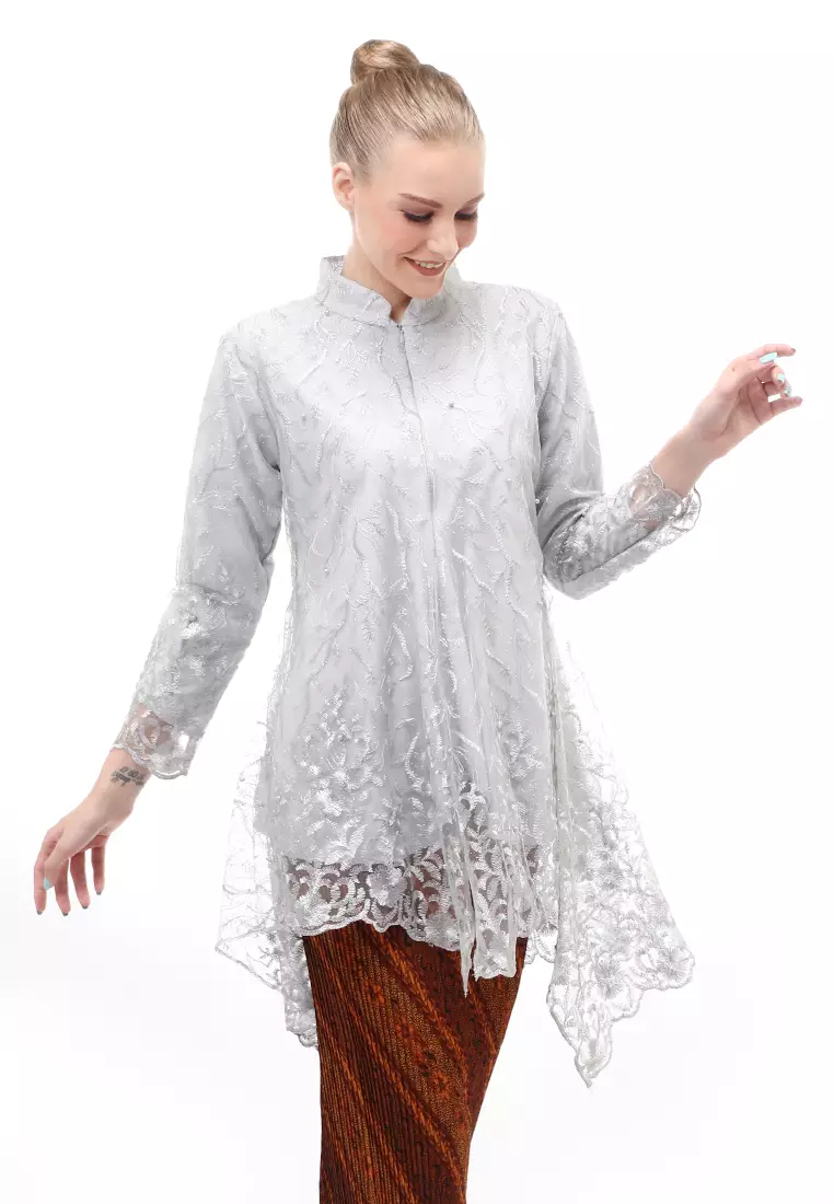 Kebaya Tunik Atasan Wanita Design Tulle Premium Quality - Grey