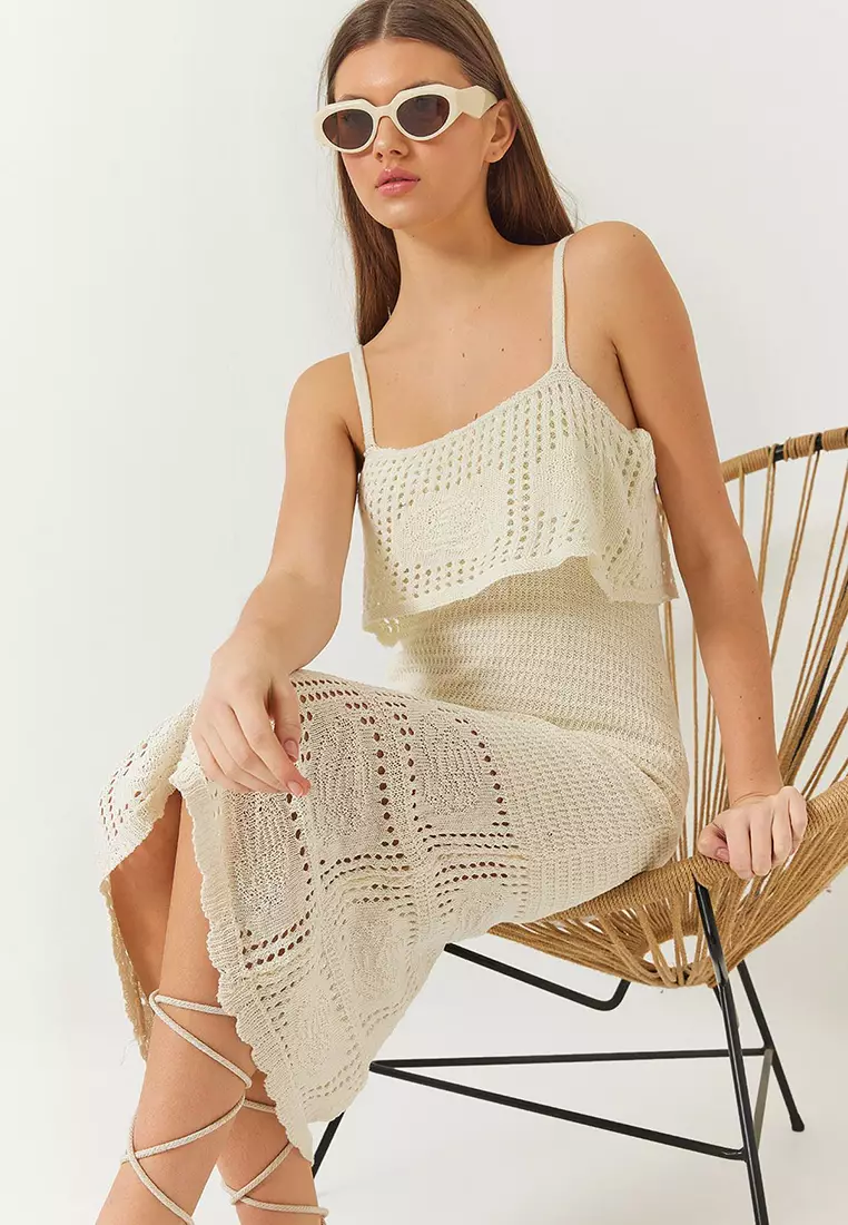 Women's Flower Detailed Strapless Openwork Layered Detail Knitted Dress 60261407