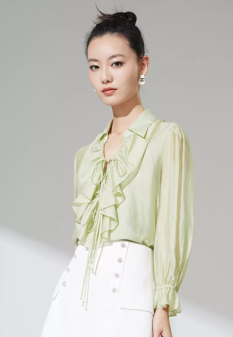 Long-Sleeve V-Neck Ruffled Trim Tie Front Blouse