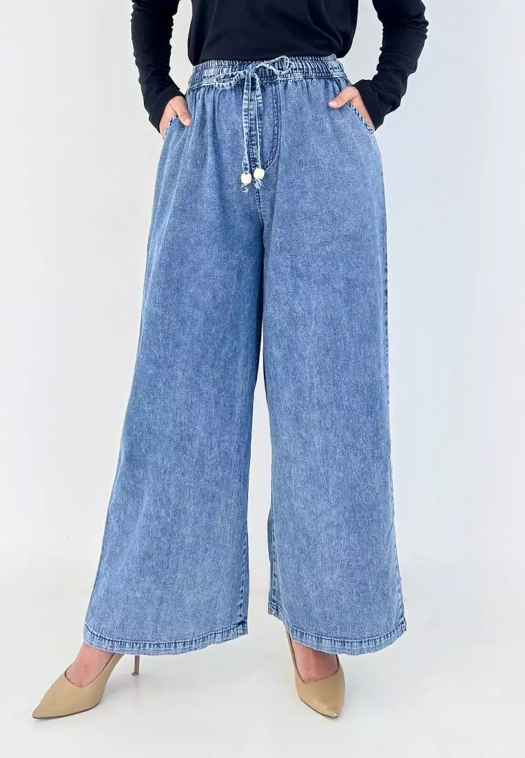 LEZAHRASIGNATURE Palazzo Emily - Celana Panjang Kulot Denim Wanita - Biru Snow