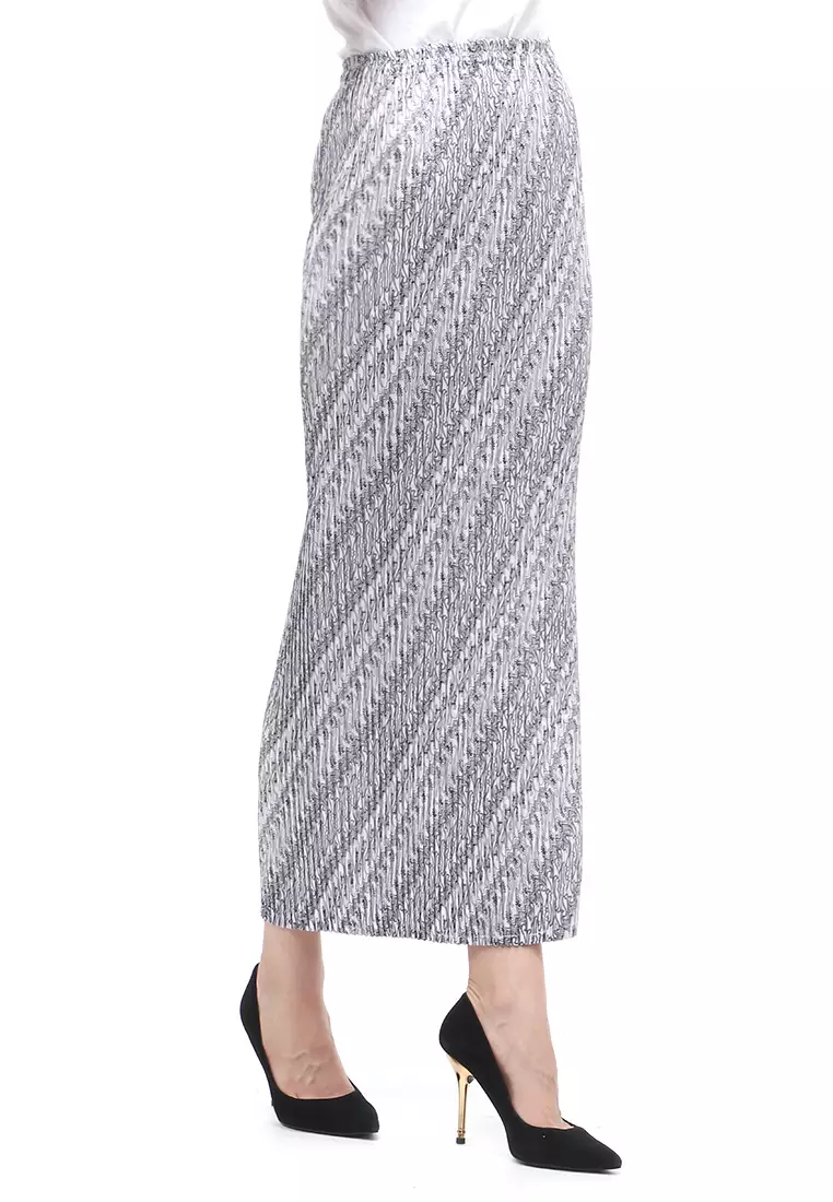 Rok Plisket Motif Batik Bawahan Wanita Design Casual - Parang Celeret Putih