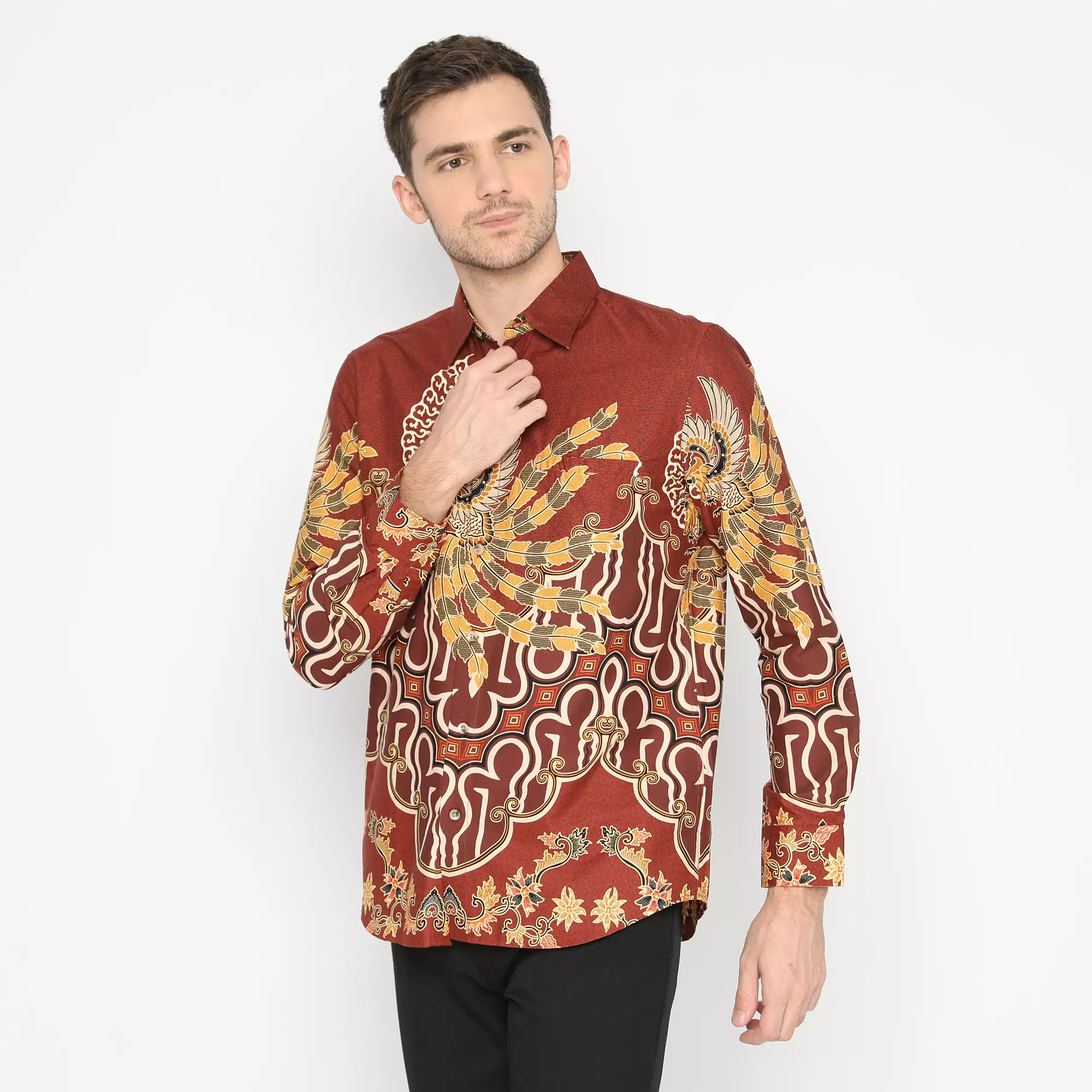 Platini Kemeja Batik Pria Lengan Panjang Coklat Bata Katun 36022